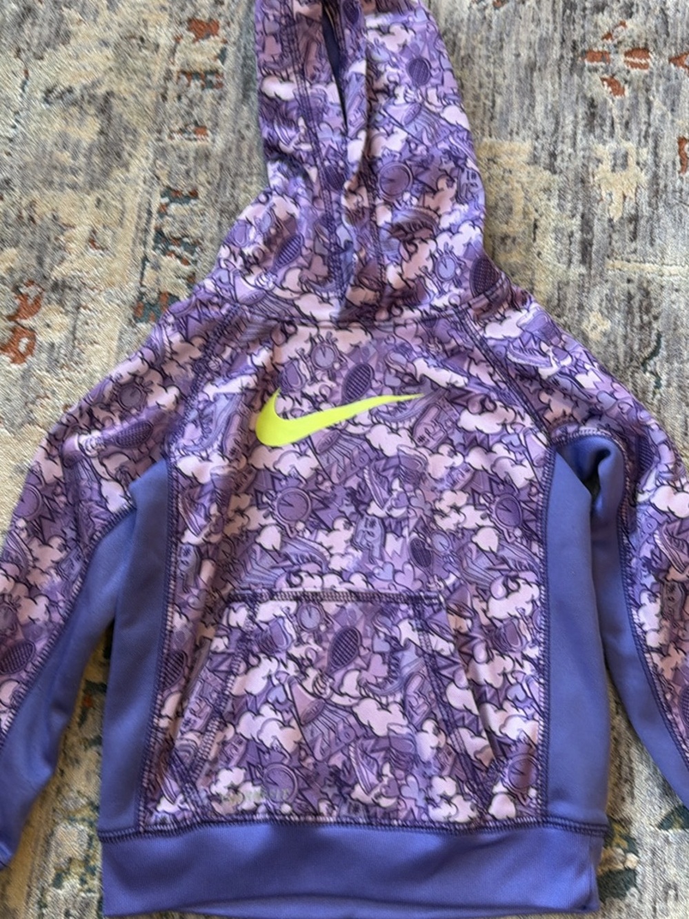 Nike Youth Purple Patterned Hoodie with Neon Yellow Swoosh